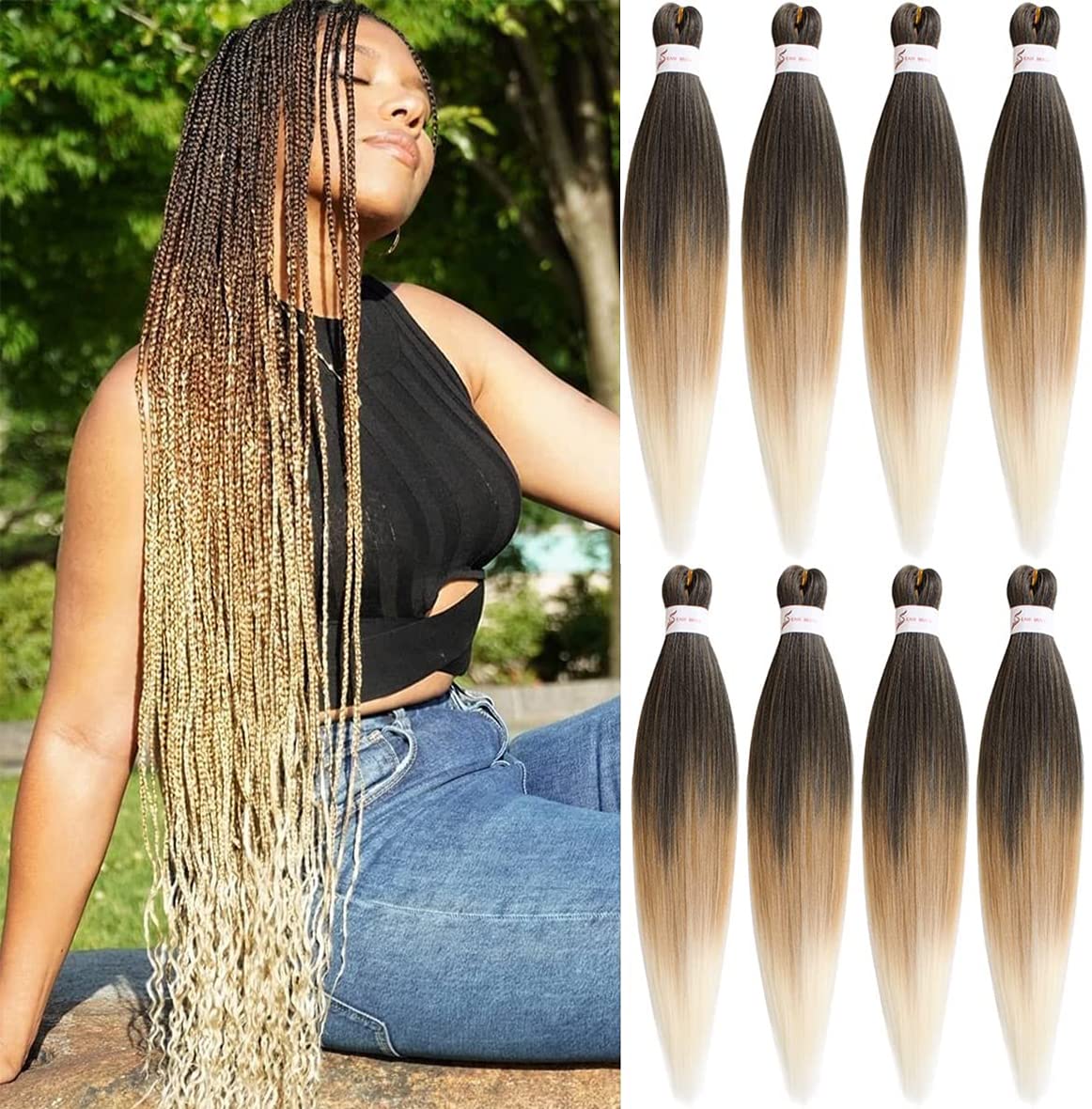 Leeven 30 Inch Pre Stretched Braiding Hair Extension for Woman 8 Packs EZ Braids Yaki Hot Water Setting Kanekalon Hair for Braiding Pre Stretched Ombre Braiding Hair /20 Inch 1B27613#