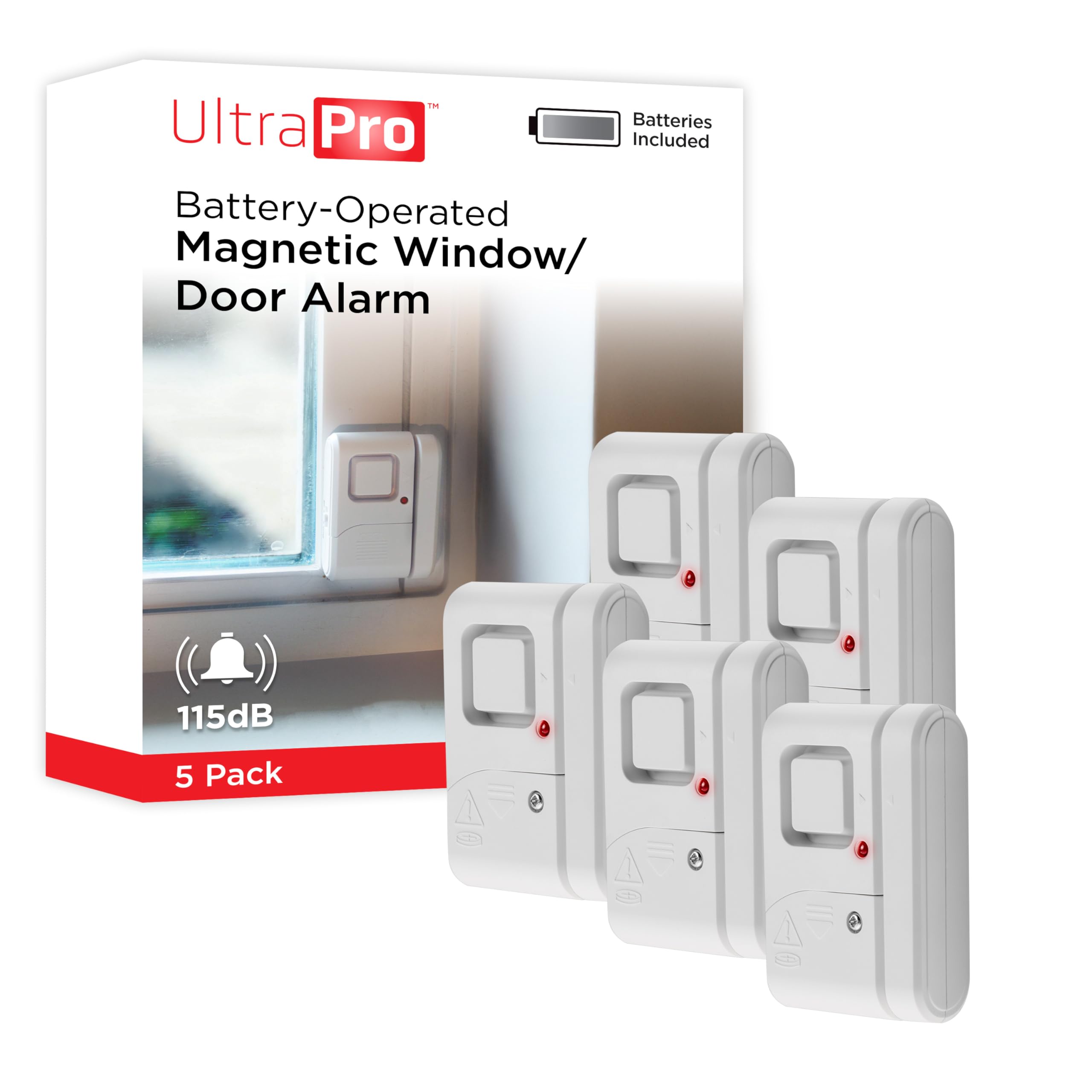 UltraPro Personal Security Window and Door Alarm, 5 Pack, DIY Protection, Burglar Alert, Wireless Chime/Alarm, Easy Installation, Home Security, Ideal for Home, Garage, Apartment , White, 45987