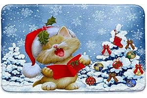 Christmas Cat Bath Mat Lovely Kitten Kitty Reading Card Colorful Xmas Tree Blue Sky Snowflake Winter Funny Bathroom Decor Rug