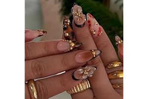 HOSAILY Medium Almond 3D Brown Gold Flower Press on Nails-‎ Tortoiseshell Leopard French Tip Blossom Gradient Design,24Pcs Handmade Fall/Autumn/New Year Glue on Acrylic Fake Nail Press ons for Women