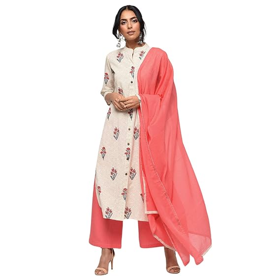 Women's Cotton Flex Floral Print Straight Kurta, Palazzo & Dupatta Set