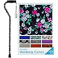Designer Walking Cane with Offset Handle, Lightweight Adjustable Walking Stick with Carrying Strap,"Black w/Blue and Pink Flowers" Design, Black W/Blue and Pink Flowers
