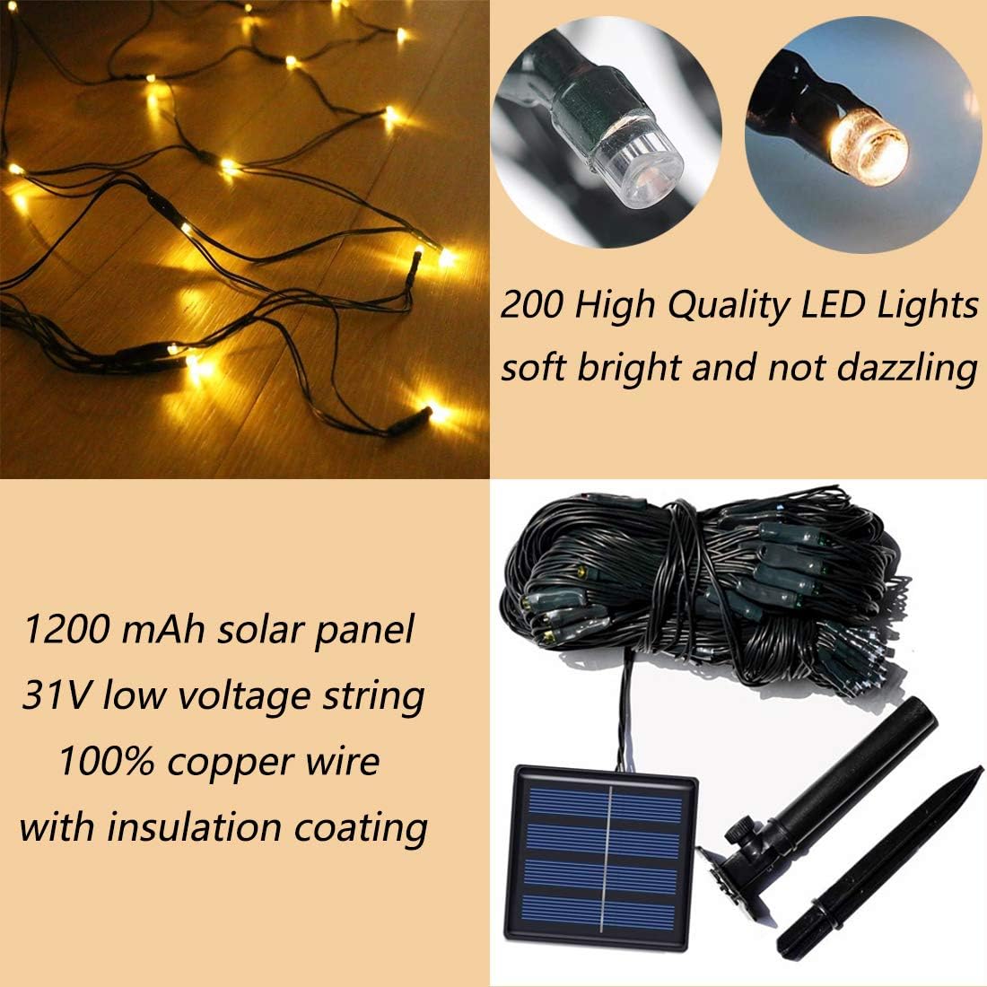 200 LED Solar Net Light, 3M x 2M Mesh Fairy String Lights, 8 Modes Outdoor Weatherproof Curtain Lights - Image 3