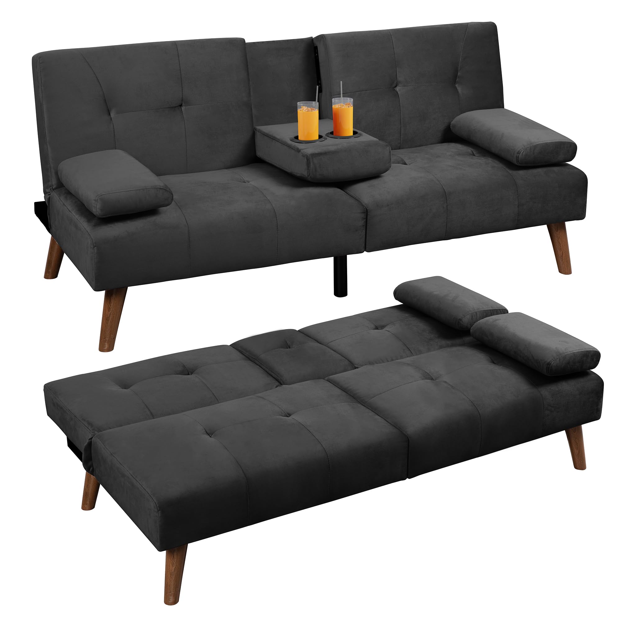 Photo 1 of **DIRT DAMAGE**Shintenchi Futon Sofa Bed, Velvet Foldable Couch Reclining Sleeper w/Removable Armrests, Upholstered Loveseat w/Folding Cup Holders for Home, Office, Black