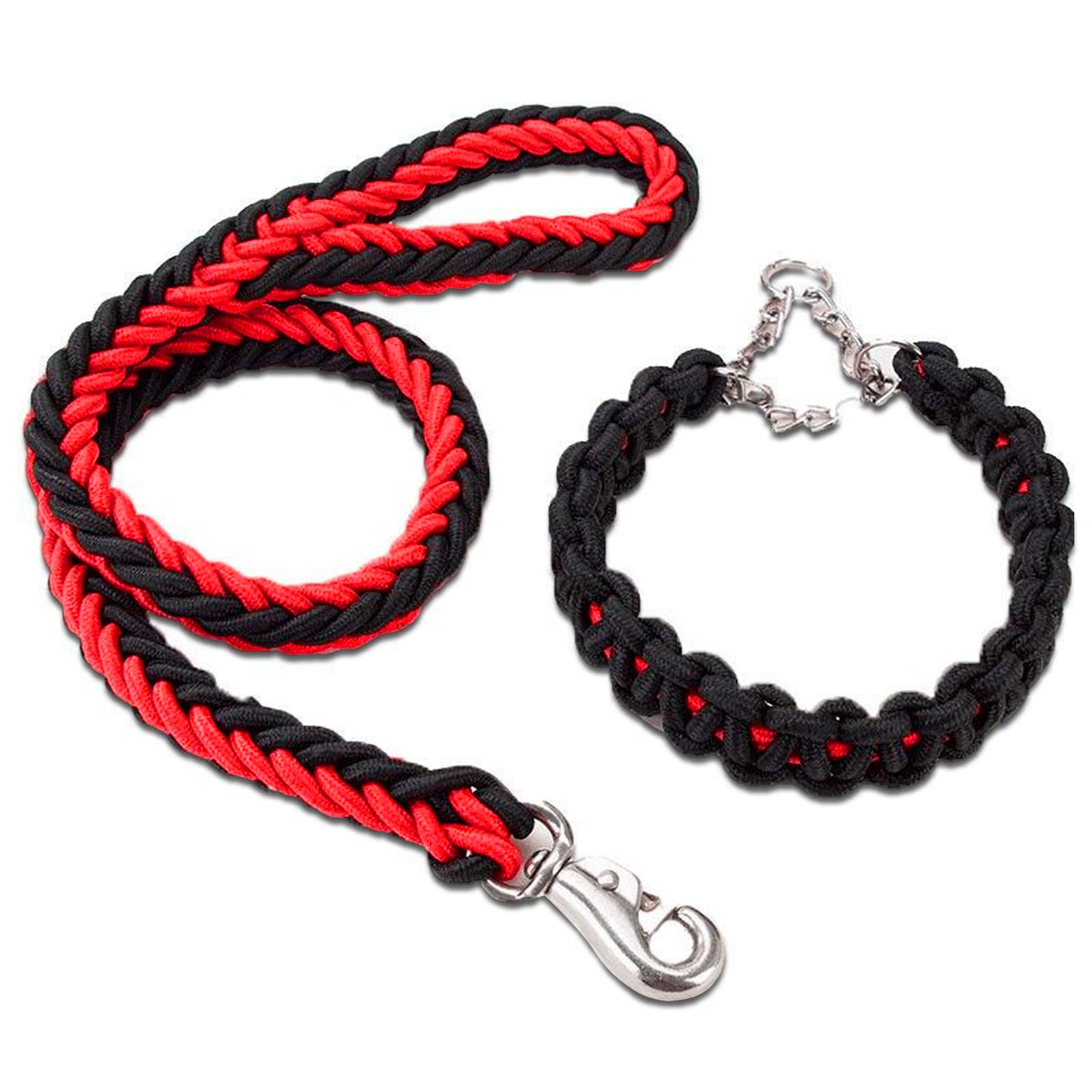 Rope Dog Lead, Strong Dog Leash with Collar, Nylon Eight Strand Braided Dog Slip Leads for Large Medium Small Dogs (Black Red, 120CM)