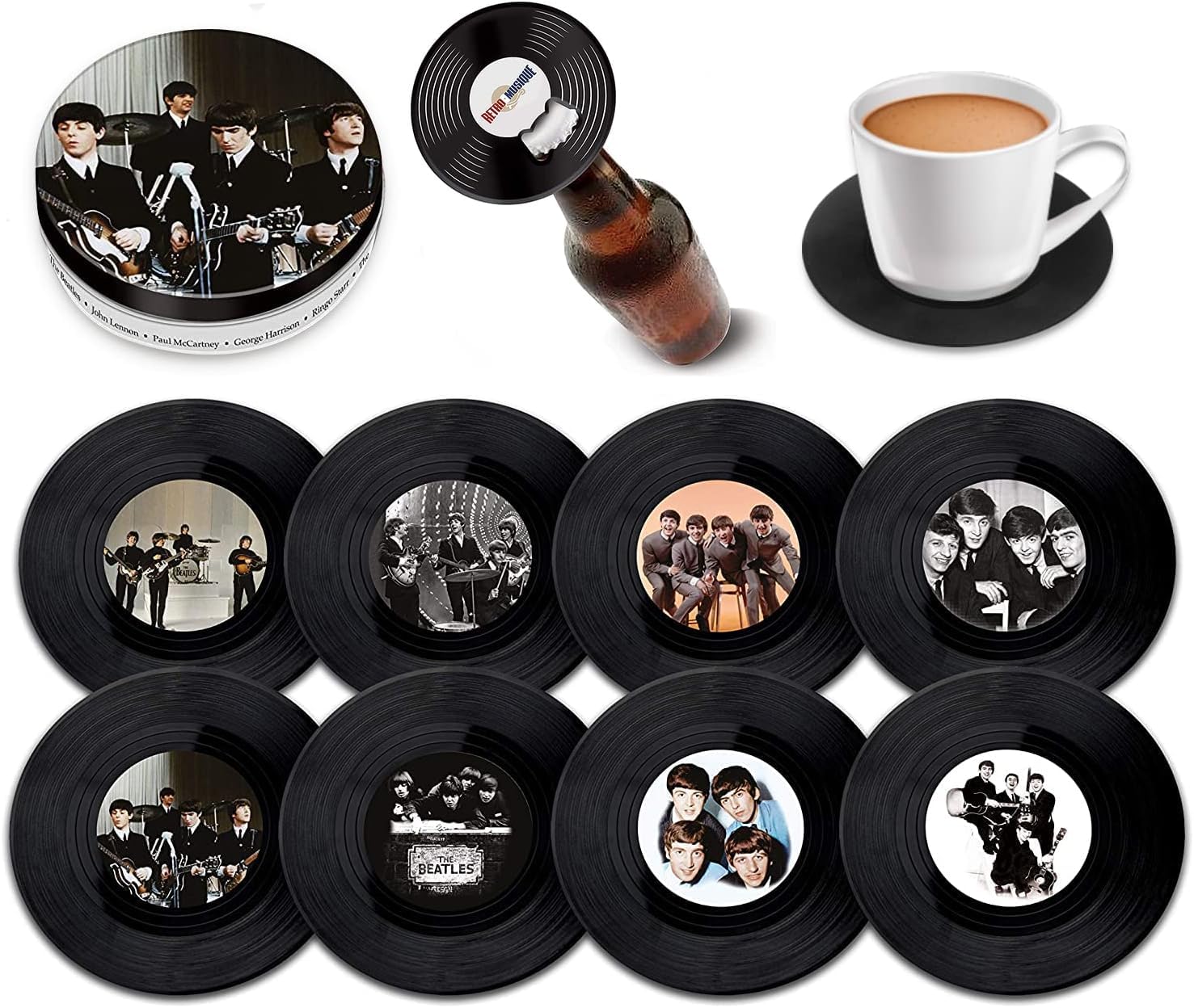 Retro Musique Set of 8 The Beatles Vinyl Coasters With Magnetic Bottle Opener | Lovely Music Coasters Bar Gifts For Men & Women | Fantastic Music Lover Gifts Housed In a Metal Tin
