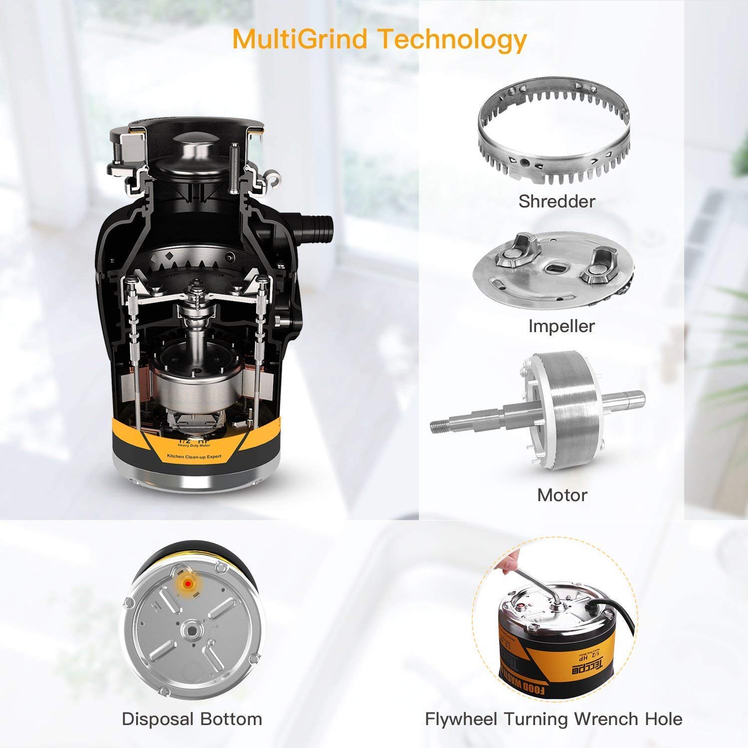 Garbage Disposal, TECCPO 1/2 HP Garbage Disposals 38 OZ. Capacity with Power Cord, Splash Guard, Disposal Flange, Stopper, Hex Wrench - TAGD01P