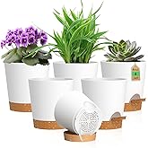 WSMKSZ 4 inch Self Watering Pots for Indoor Outdoor Plants, 6 Pack Plastic Flower Planters with Drainage Holes and Removable Saucers, Plant Pots with Wicking Rope, Modern Decor, White Brown