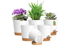 WSMKSZ 4 inch Self Watering Pots for Indoor Outdoor Plants, 6 Pack Plastic Flower Planters with Drainage Holes and Removable Saucers, Plant Pots with Wicking Rope, Modern Decor, White Brown