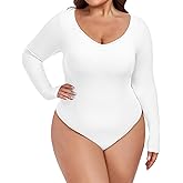 FOREYOND Plus Size Bodysuits for Women Long Sleeve V Neck Bodysuit Sexy One Piece Body Suit Tops