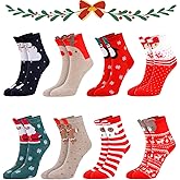 QUMENEY 8 Pairs Women Socks Red Winter Warm Slipper Sock Holiday Xmas Set Cute Christmas Gift for Girls Santa Snowflakes Reindeer Snowman Pattern