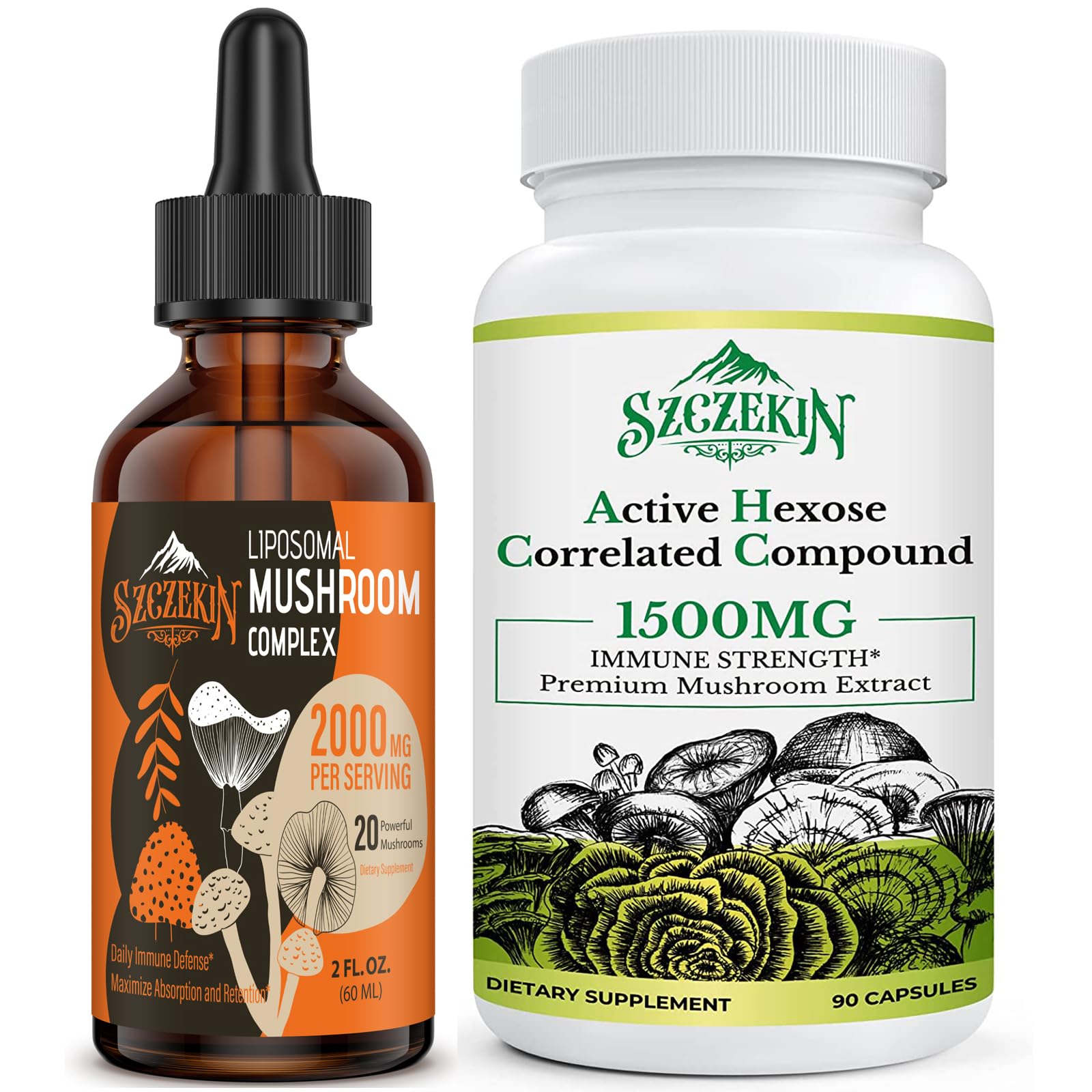 SZCZEKIN Active Hexose Correlated Compound 1500 mg Supplement 90 Capsules Bundle with 2000mg Liposomal Mushroom Complex Drops 30 Servings