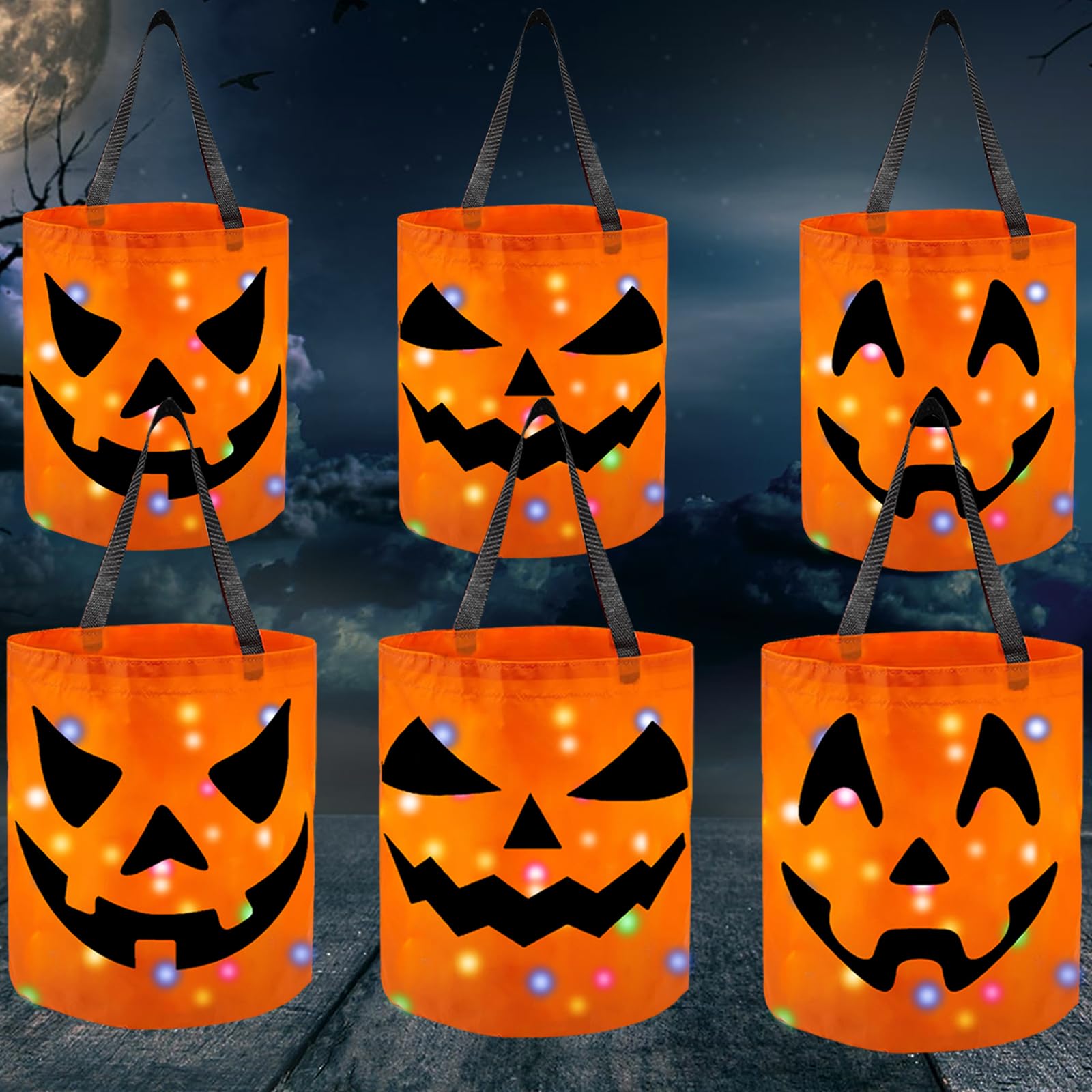 Photo 1 of 6 Pcs Halloween LED Light Up Buckets Collapsible Reusable Smile Face Multipurpose Pumpkin Candy Buckets for Party Supplies