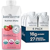 KATE FARMS Organic Nutrition Shake, Strawberry, 16g Protein, 6 Pack | Organic strawberry nutrition shake with 16g protein and 27 vitamins and minerals in every serving.