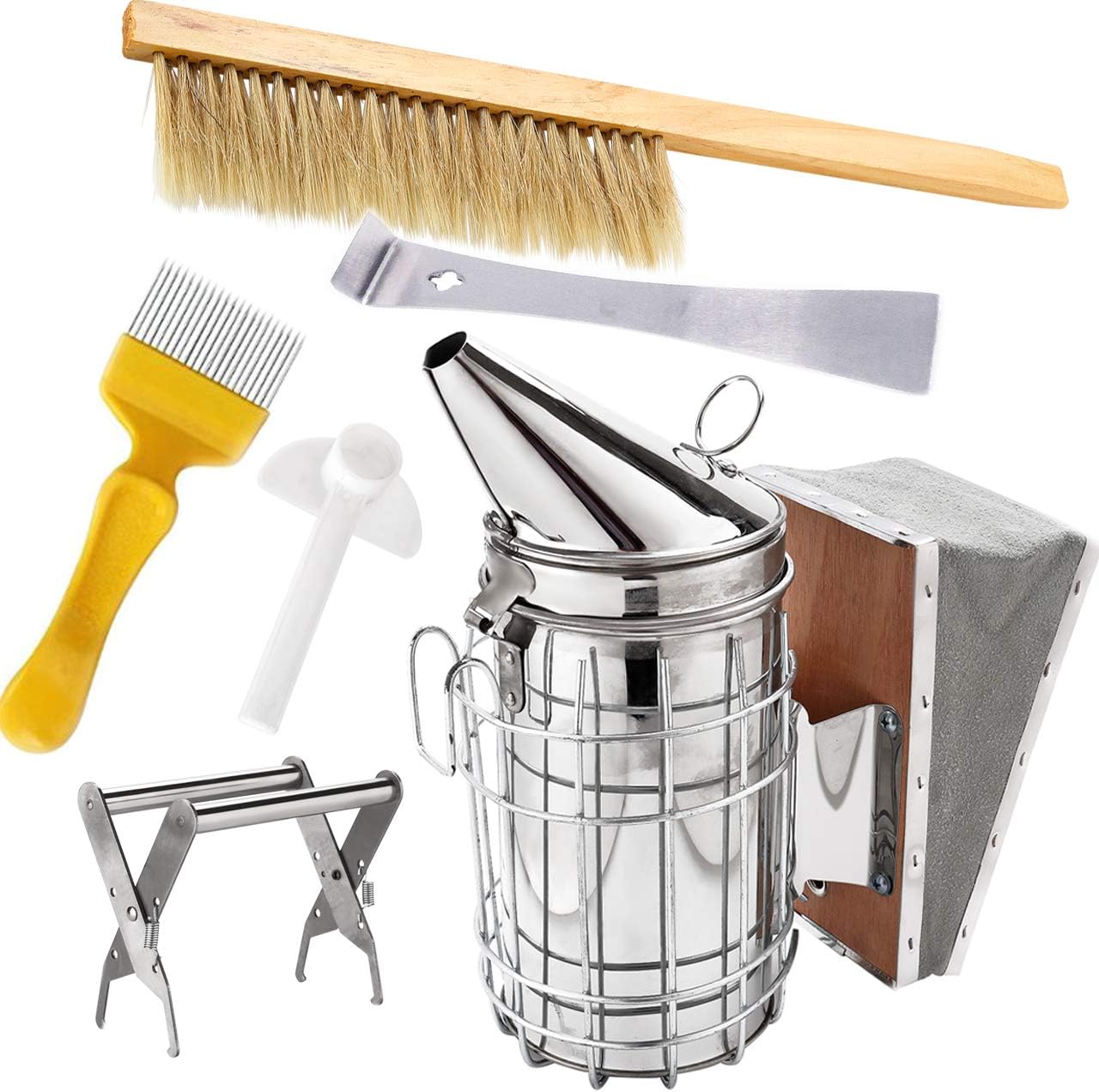 image of a smoker, frame lifter, scraper, bee brush, and hive tool