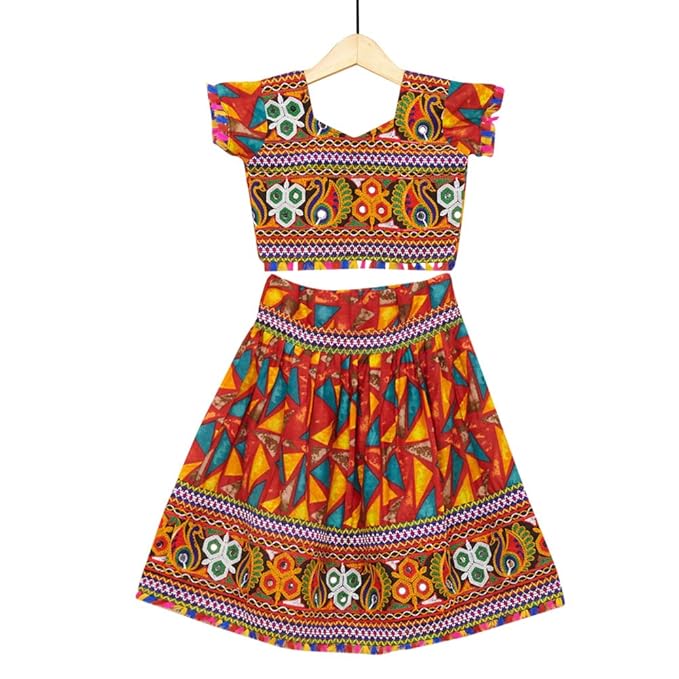 Banjara By Hopscotch Girls 100% Cotton Kutchi Embroidered Chaniya Choli in Black Color