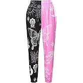 Amuver Women's Boho Hippie Harem Pants High Smocked Waist Printed Patchwork Sweatpants Yoga 90S Goth Baggy Casual Trousers