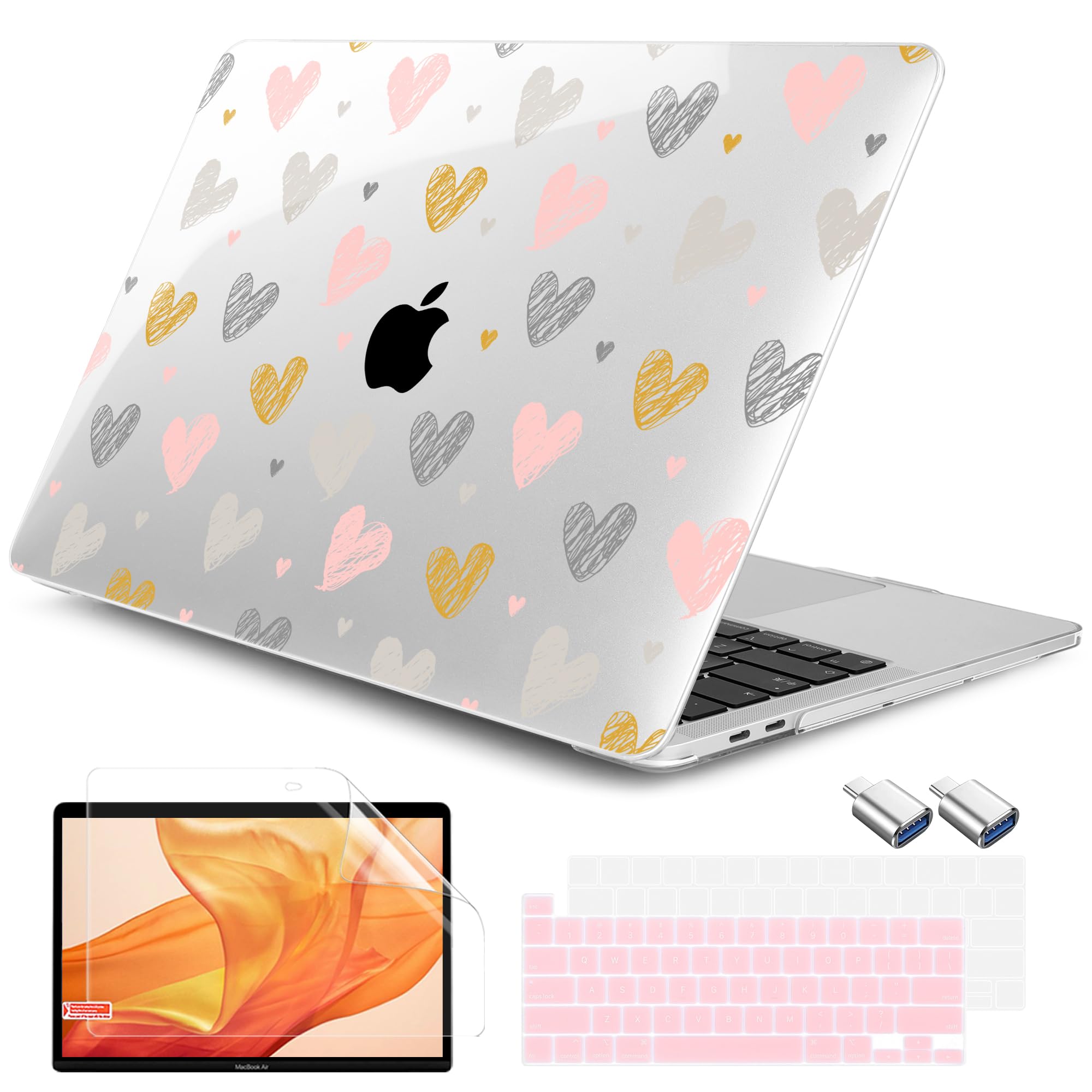 Photo 1 of DONGKE for MacBook Pro 13 Inch Case 2023-2016 Release A2338 M2 M1 A2251 A2289 A2159 A1989 A1706 Touch Bar & Touch ID, Hard Shell with USB C to USB Adapter & Keyboard Cover, Hearts
