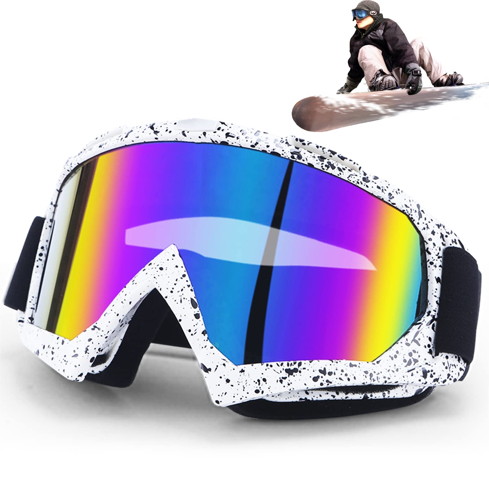 DONGZQAN OTG Unisex Ski Goggles for Glasses Wearers, Anti-Fog UV Goggles with Foam Padding, Suitable for Outdoor Sports (Colourful)