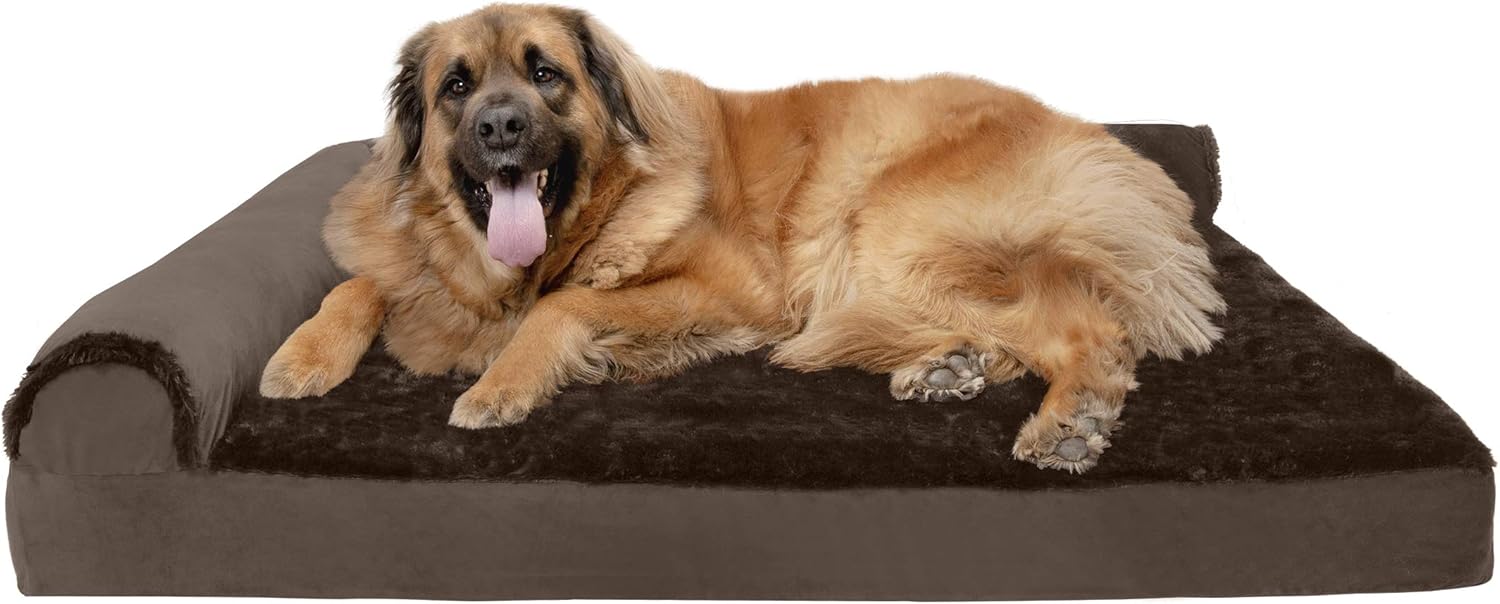 Furhaven Pet Dog Bed - Deluxe Orthopedic Plush Faux Fur and Velvet L Shaped Chaise Lounge Living Room Corner Couch Pet Bed with Removable Cover for Dogs and Cats, Sable Brown, Jumbo Plus : Pet Supplies