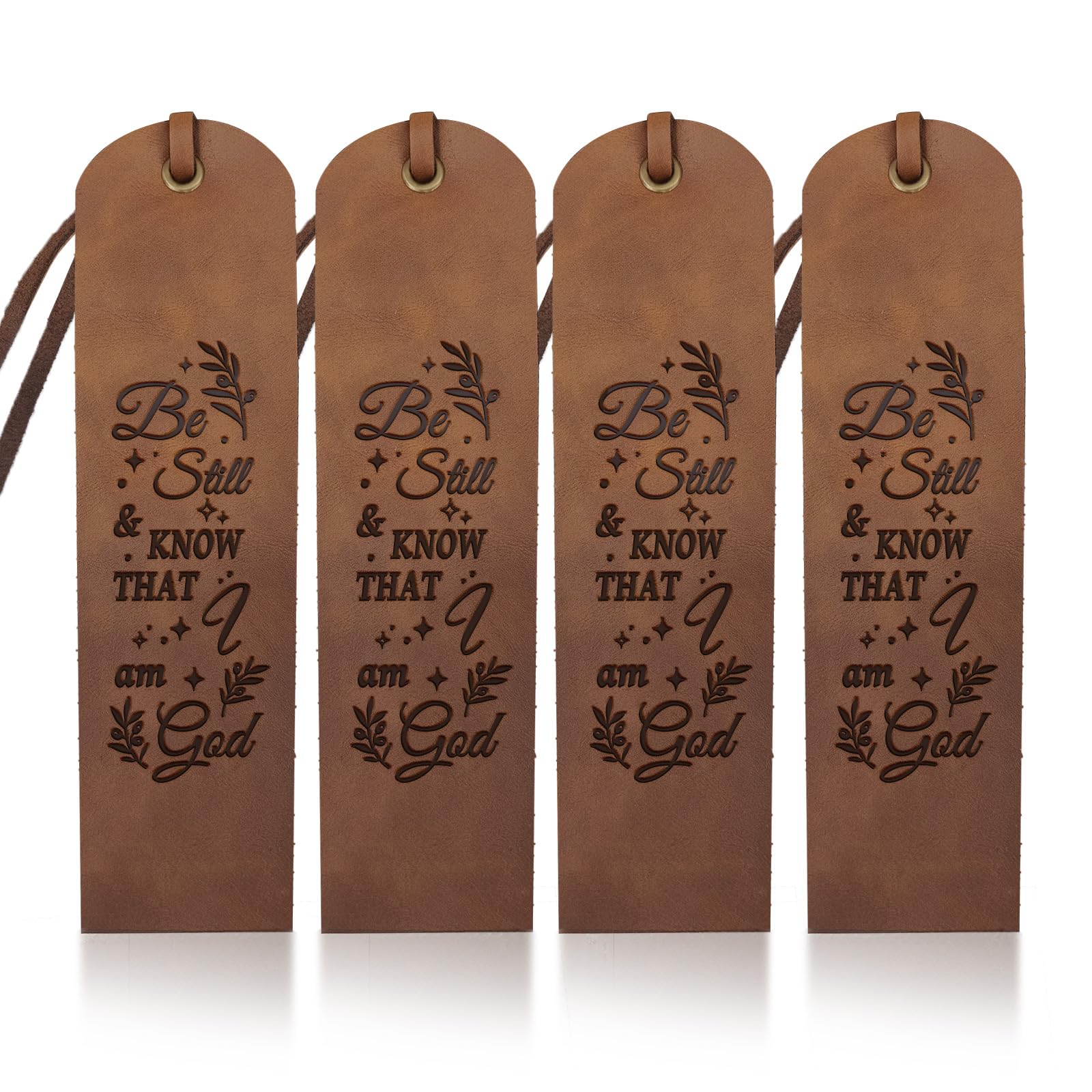 MAYJOYDIY 4pcs Bible Verse Olive Leaf Leather Bookmarks 5×18cm Vintage Star Bookmarks Page Markers Be Still & Know That I Am God Text for Men Women Book Lovers Students Graduation Gifts Bookworms