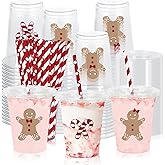 JarThenaAMCS 60Pcs Christmas Plastic Cups with Lids Straws Drinking Cup 12oz Gingerbread Man Candy Cane Disposable Cups for Xmas Winter Holiday