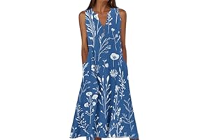 Frostluinai Womens Summer Casual Dresses Printed Sleeveless Midi Tank Sundress with Pockets V Neck A Line Maxi Dress
