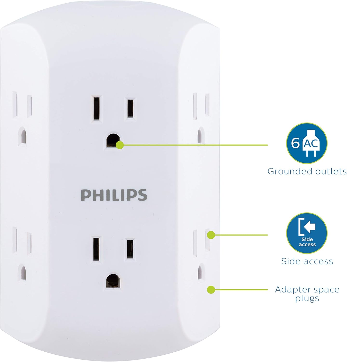 Philips 6 Outlet Wall Plug Adapter Power Strip, Extra Wide Spaced Outlets for Cell Phone Charger, Power Adapter, 3 Prong, Multi Outlet Wall Charger, White, SPS1740WA/37: Home Improvement