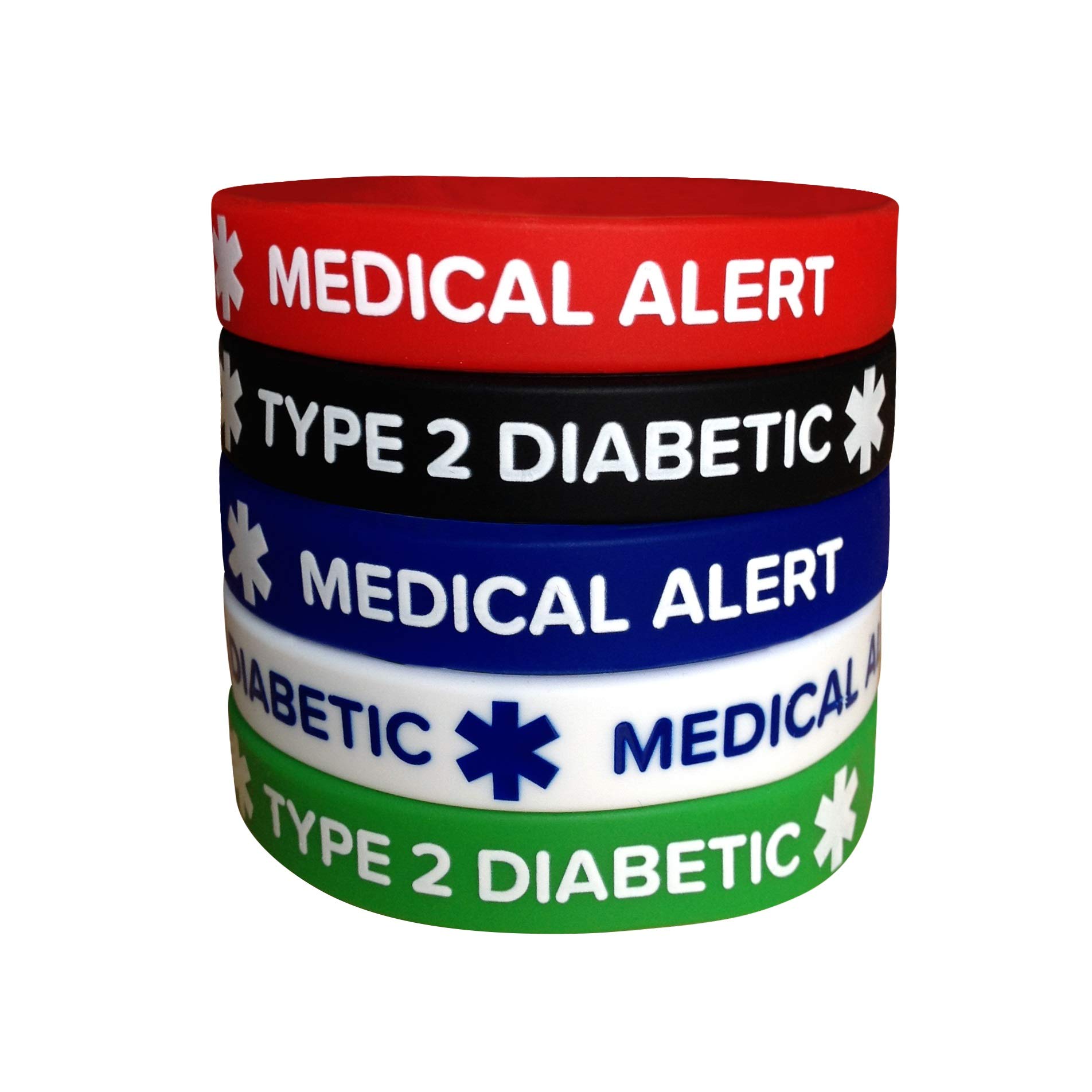 Type 2 Diabetes Medical Alert Silicone Bracelets – 5 Pack Adult Diabetic Wristbands for Men & Women, 7.8"