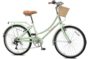 ACEGER 24 26 Inch Women Comfort Bike, Single Speed and 7 Speed, Adult City Bike with Basket and Rear Rack, Hi-Ten Steel Frame with Adjustable Handlebar and Saddle, Multiple Colors