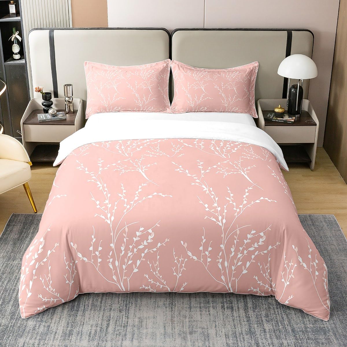 Blush Pink Branches Bedding Duvet Cover 100% Cotton Set Reversible Flower Plum Blossom Bedding Set 100% Cotton Decor Leaves Comforter Cover Set Bedspread Cover Bedroom Bedclothes Single
