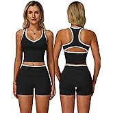QBGJTD Women Two Piece Workout Sets Color Block Backless Tank Top and High Waist Booty Lifting Shorts Gym Yoga Active Outfits