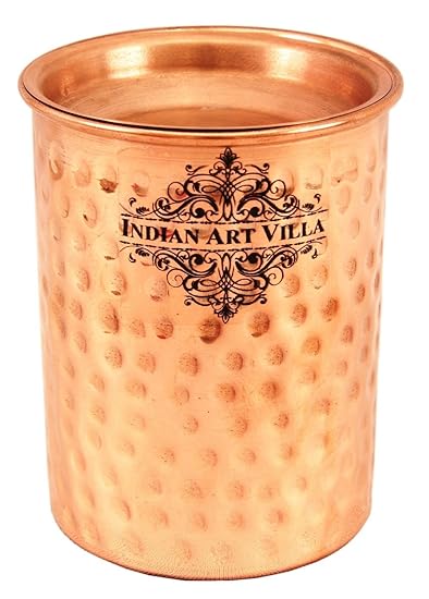 Indian Art Villa Hammered Copper Glass Tumbler with Lid, Drinkware & Serveware, Ayurveda Yoga, 250 ML
