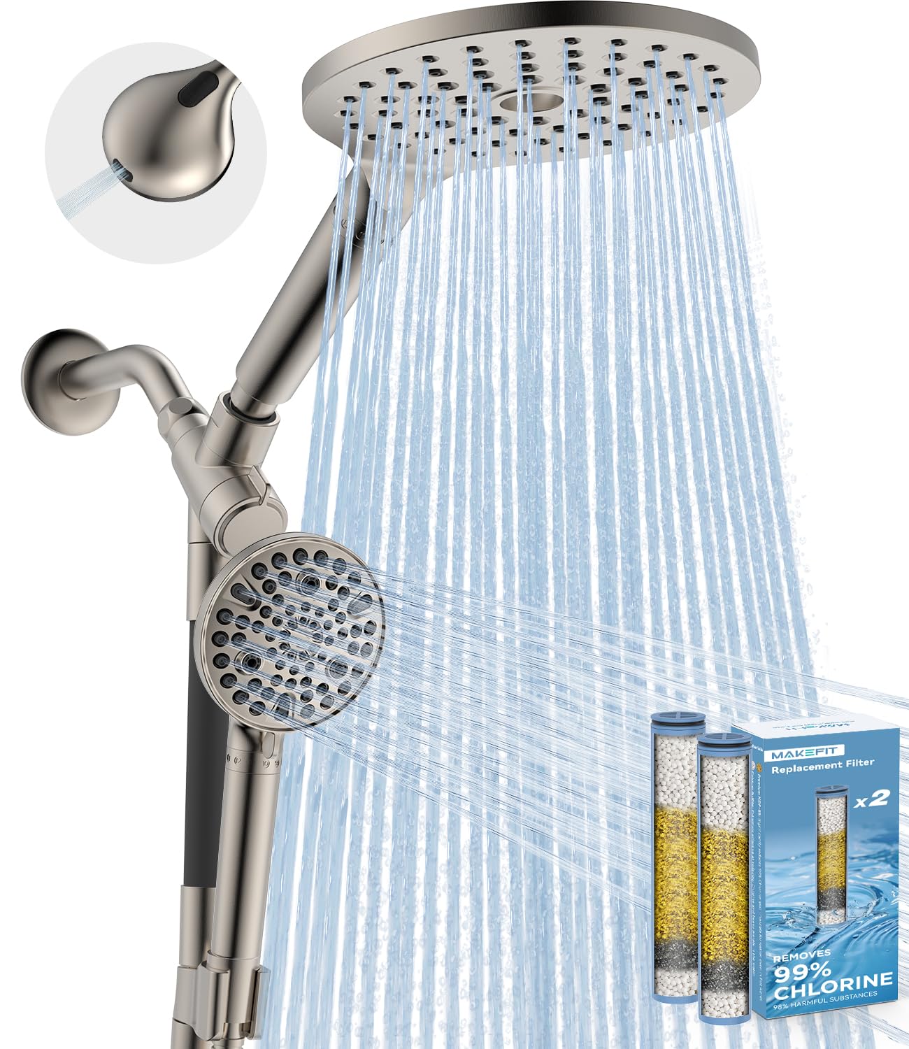 Photo 1 of MakeFit Dual Filtered Rain Shower Head Combo, High Pressure Handheld Shower Head with Adjustable Bar - Rainfall Shower Head And Showerhead with Filter for Hard Water - Removes Chlorine(Brushed Nickel)