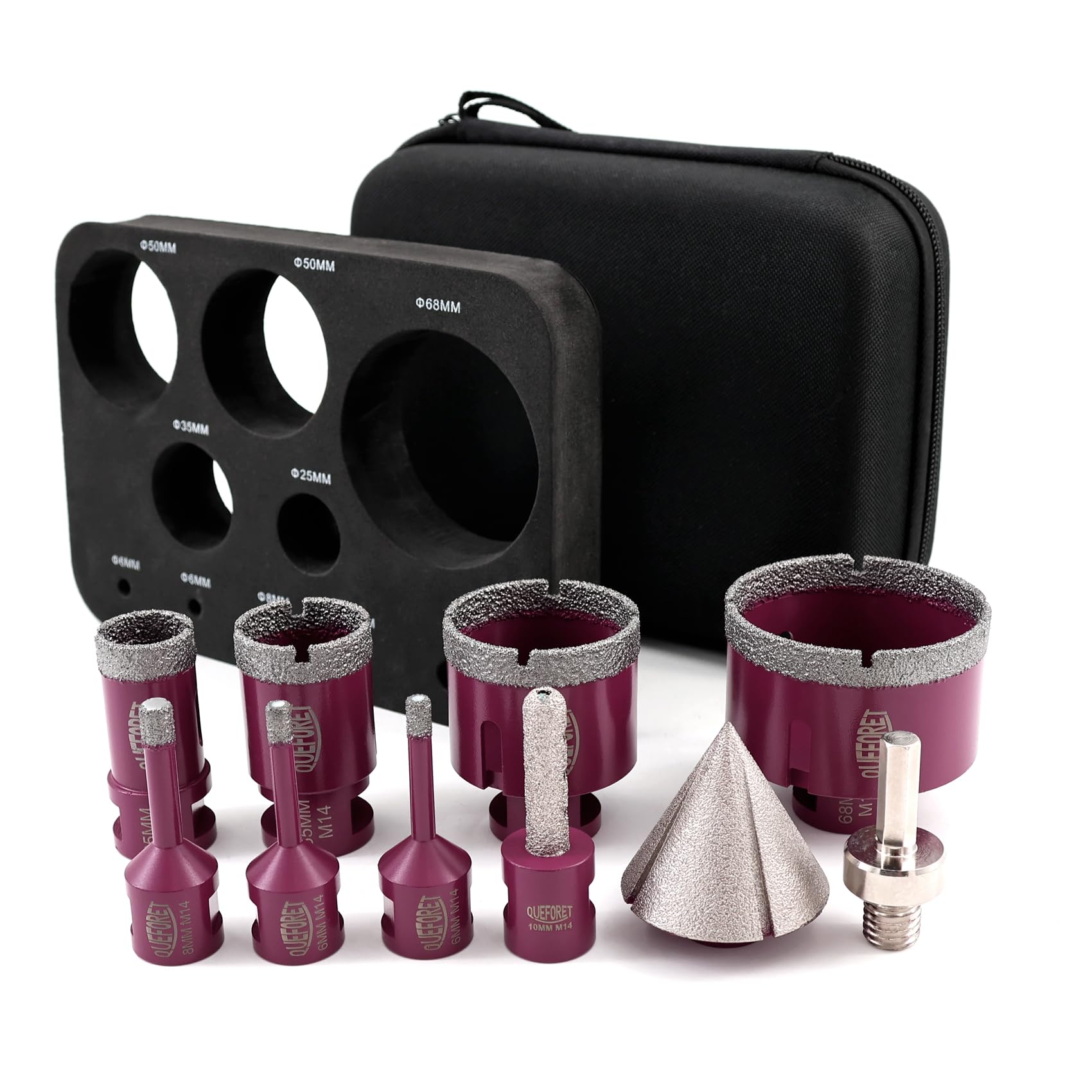 QUEFORET 10pcs Diamond Drill Bits Set - 7 Sizes (6/6/8/25/35/50/68mm) x M14, 10mm Finger Milling Bit, 50mm Beveling Bit, M14 to Hex Adapter for Ceramic, Marble, Granite