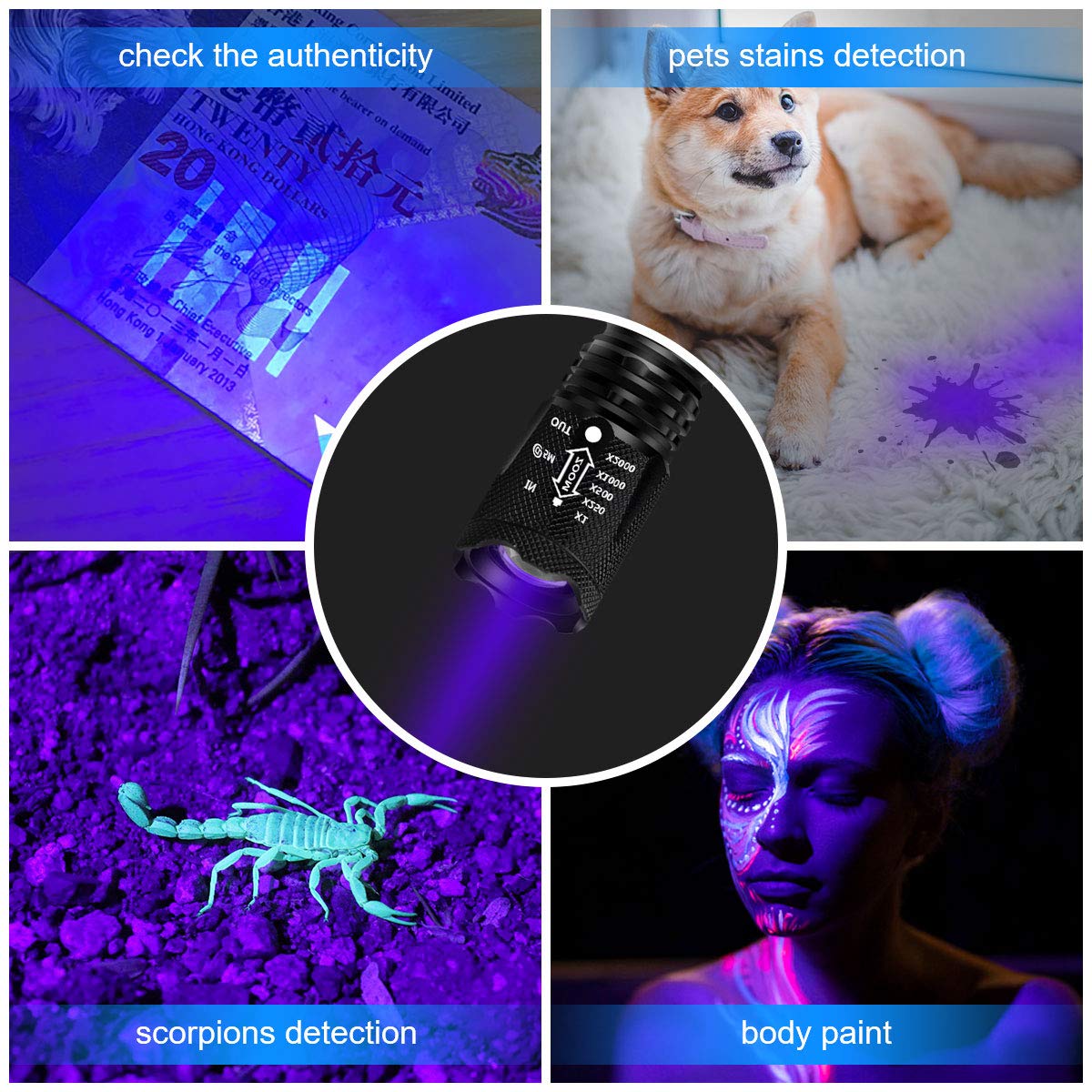 2 Pack UV Flashlight with Batteries, 2 in 1 Black Light & Tactical Light Flashlight Mini Ultraviolet Blacklight Urine Detector for Cats, Pet Stains, Bed Bugs, Scorpions