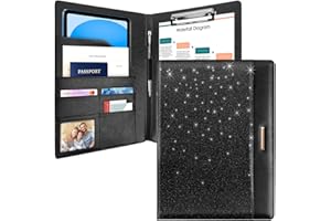Glitter Padfolio/Resume Portfolio Folder for Women Men, WAVEYU Cute Chic Padfolio Cover Folder, Conference/Legal Document Organizer with Letter/A4 Size Clipboard, Document Sleeve, Black