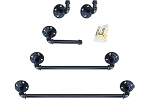 MY RUSTIC Industrial Pipe Bathroom Hardware Fixture Set - Bathroom Accessories Set - 5-Piece Kit Includes Robe Hook, 24 and 18 Inch Bath Pipe Towel Rack Bar and Toilet Paper Holder, Coated Finish