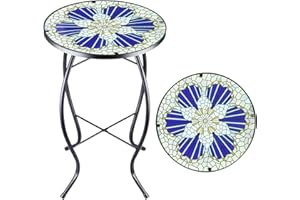 Arbuxzuy 14 Inch Small Outdoor Side Table with Blue Morning Glory, Glass Mosaic Patio Table Indoor, Round Plant Coffee Table for Living Room, Balcony, Garden