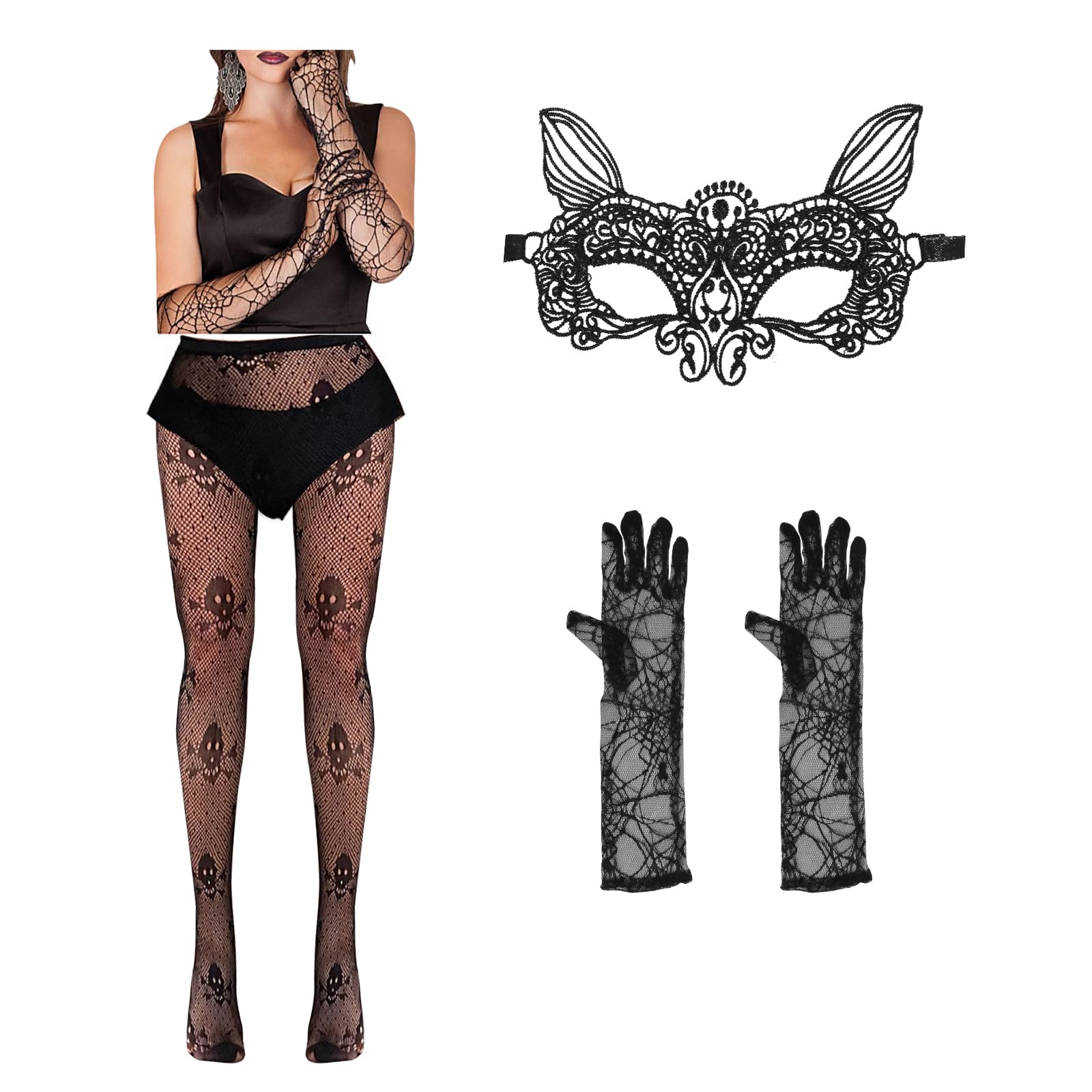 Lifreer Day of The Dead Skeleton Tights, Spider Webs Long Finger Loop Gloves, Lace Mask Halloween Fancy Dress Costume Accessories for Women