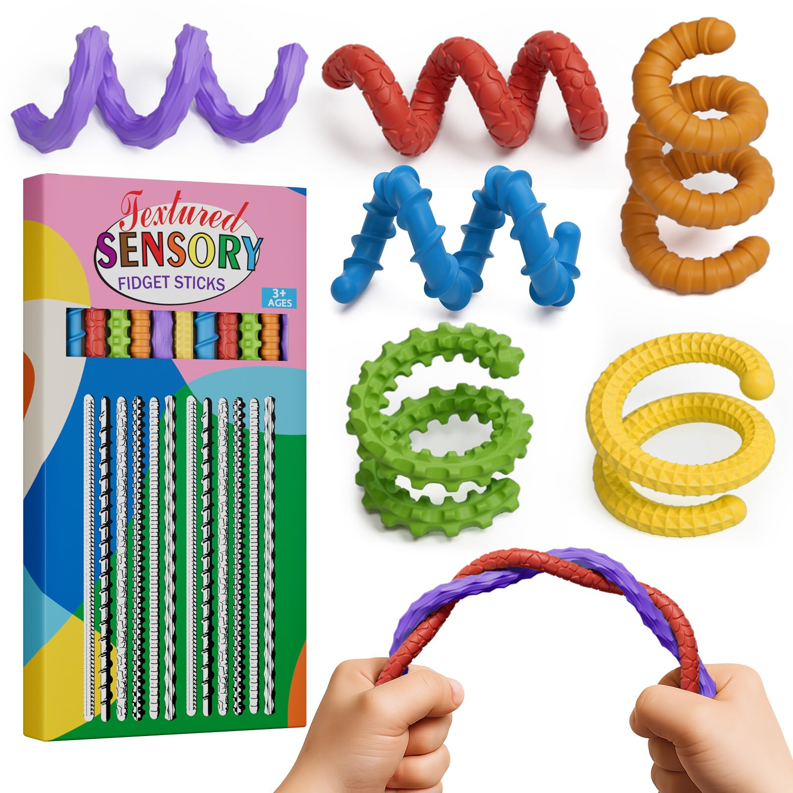Flexible Sensory Fidget Sticks for Kids,12PCS Sensory Fidget Toys for Stress Anxiety Autistic ADHD,Calm Down Travel Airplane Essentials Toys,Stuffers Gifts for Teens Boys Girls