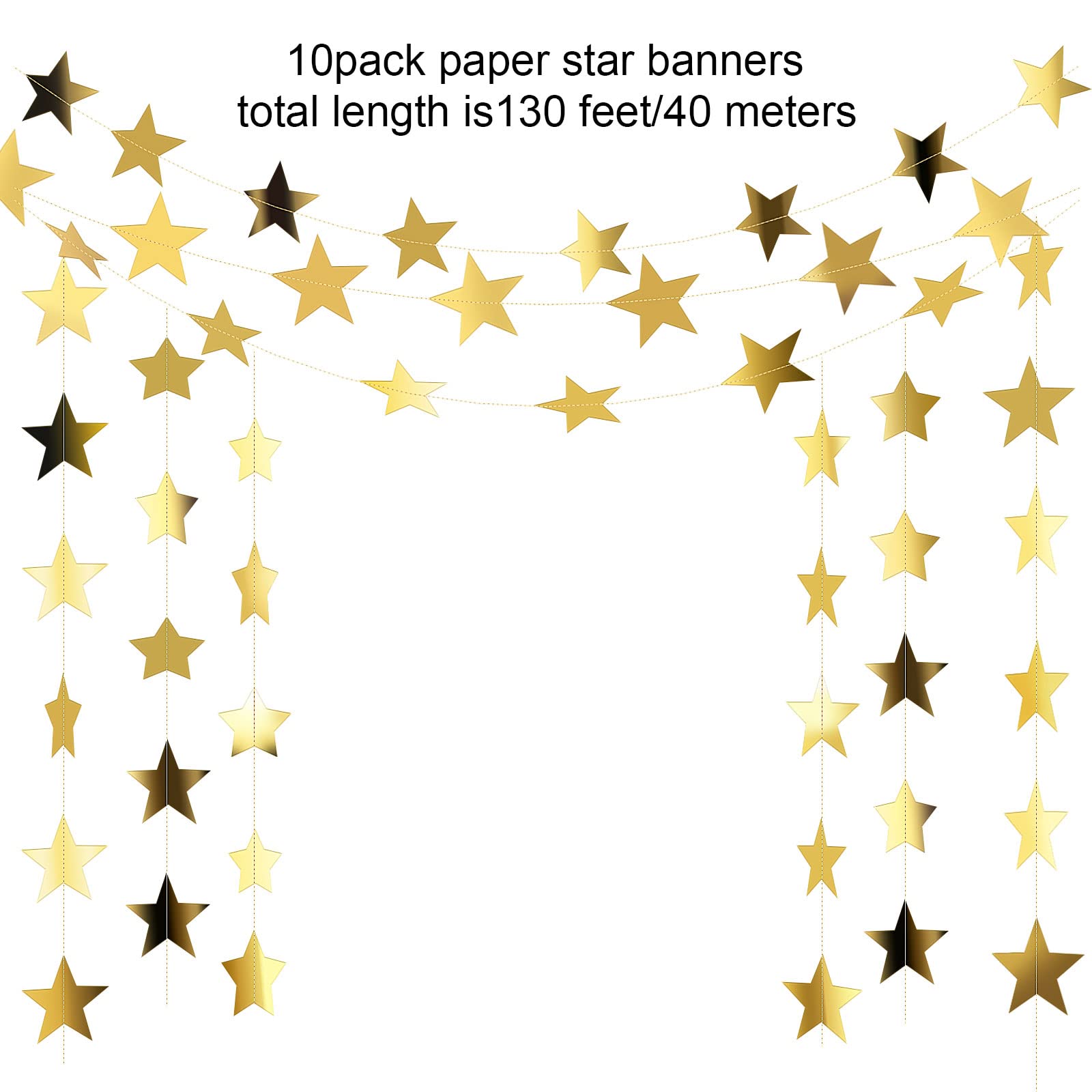 Patelai Glitter Star Garland Banner Decor 130 Feet Star Hanging Bunting Banner Twinkle Backdrop for Classroom Baby Shower Wedding Birthday Christmas Party Supplies(Gold)