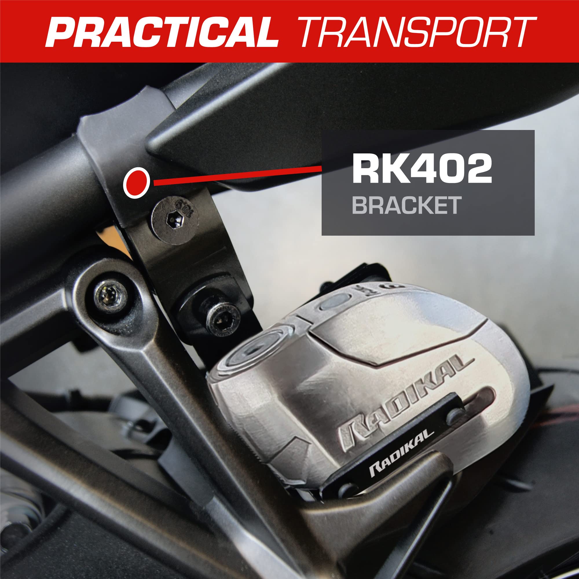 RADIKAL RK14S+RK402 Approved Alarm Disc Lock Motorcycle with Transport Bracket, Hardened Stainless Steel Double Locking, High-End Alarm System with Warning Optional Activation, LED Alert 14mm/0.55in