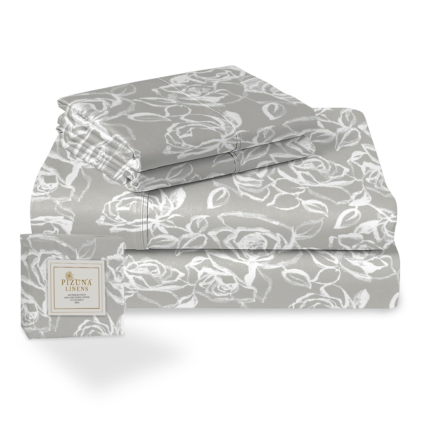 Pizuna Cotton Simply Floral Silver Print Single Bed Sheets Set, 400 Thread Count 100% Long Staple Cotton Printed Bedding Sets Includes 1 Fitted Sheet, 1 Flat Sheet, 1 Pillowcase(Bed Sheets Single Bed) — image 1