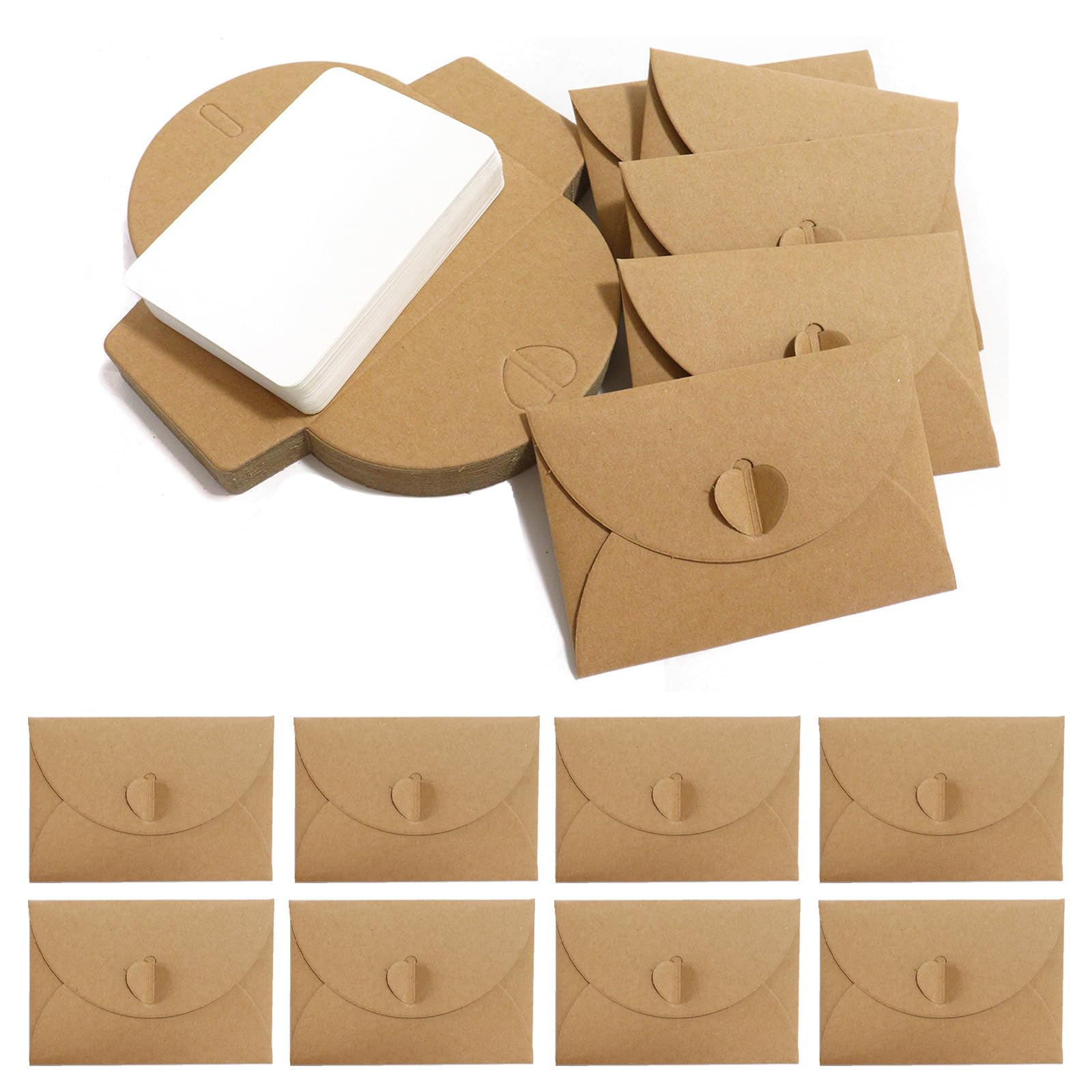 LUBOXIN Pack of 50 Mini Envelopes with 50 Blank Cards, Small Brown Envelopes, Vintage Mini Kraft Paper Envelopes with Heart Clasp for Gift Cards, DIY Thank You Card, Party Invitation