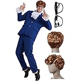 Maxim Party Supplies Men's Spy Costume - 6 Piece Groovy 60's Blue Suit with Vest, Glasses, Wig - Retro Velvet Cosplay Set