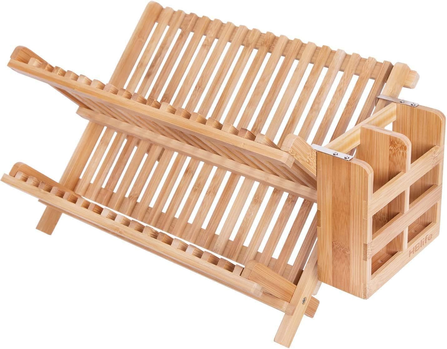 MyOptim Bamboo Dish Drying Rack with Utensil Holder，2