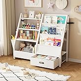 KIDINIX Kids Bookshelf and Toy Storage, Sturdy 3 Tier Sling Baby Bookcase with Toy Organizer, Toddler Montessori Book Shelf for Nursery, Bedroom, Playroom, Children Room, White