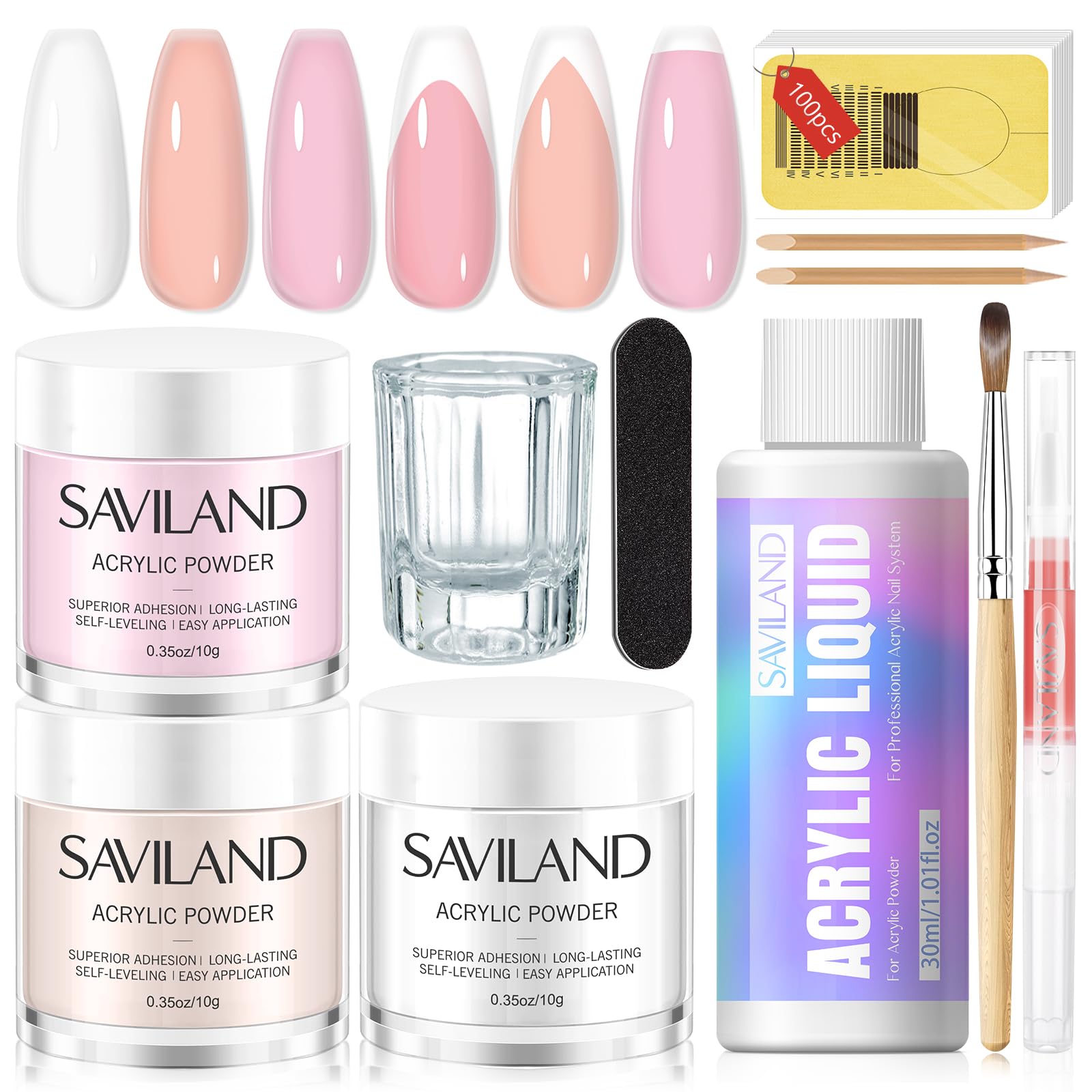 Saviland Acrylic Nail Kit: 3 Colors Acrylic Powder and Liquid Set with Nail Brush Cuticle Oil Nail Art Kit for for Beginners