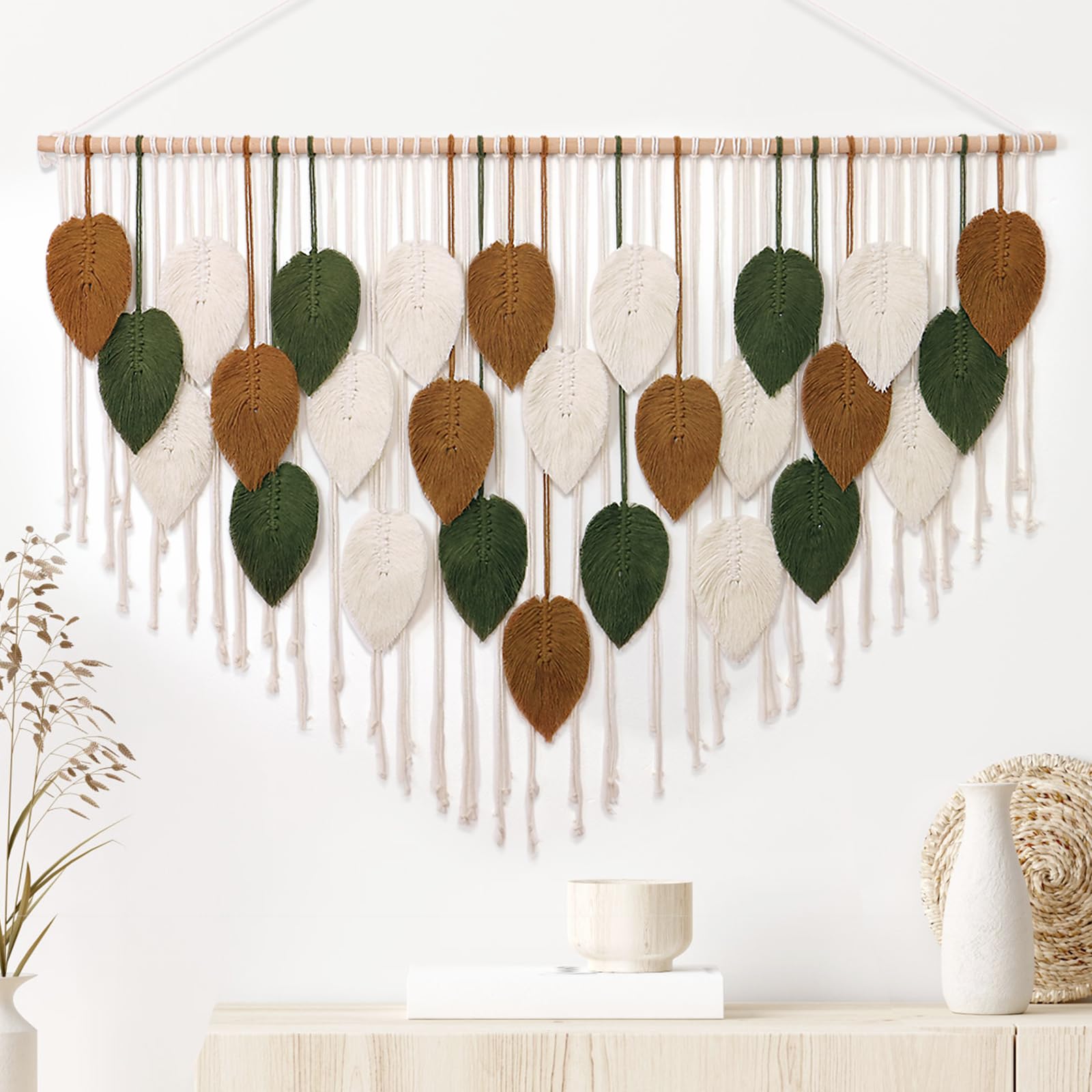 Weldomcor Large Wall Hanging Tapestry Macrame Leaf Wall Hanging Handmade Woven Tassel Wall Tapestry, Boho Wall Decor for Nursery Bedroom Living Room Gallery Background (Green, Khaki, 130.5 x 85.5 cm)